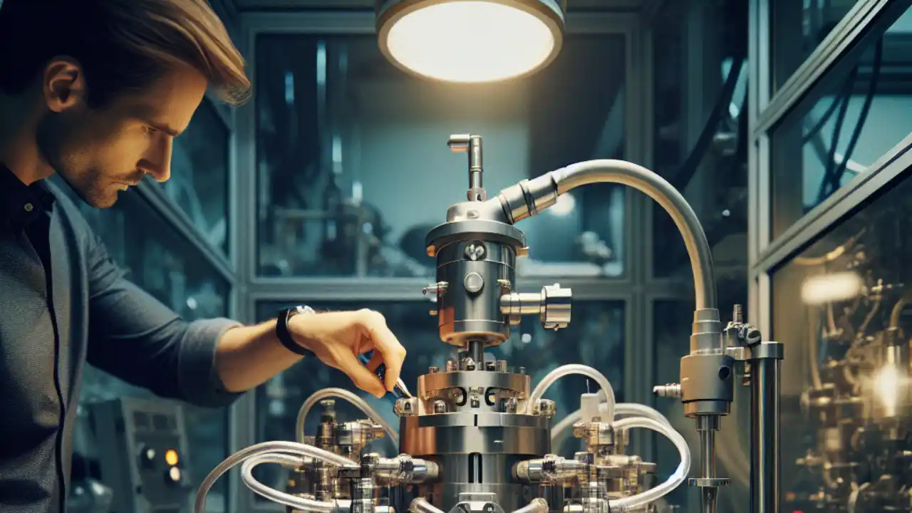 A person demonstrating the process of creating a vacuum using a vacuum pump, surrounded by various vacuum-related tools and equipment