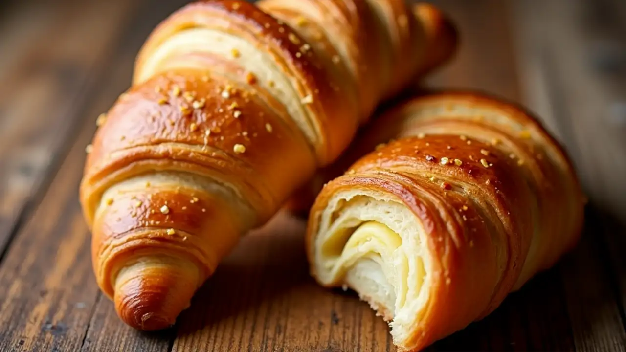 golden, flaky croissant with a crispy exterior and buttery layers visible in its crescent shape, placed on a rustic wooden surface with soft natural lighting.