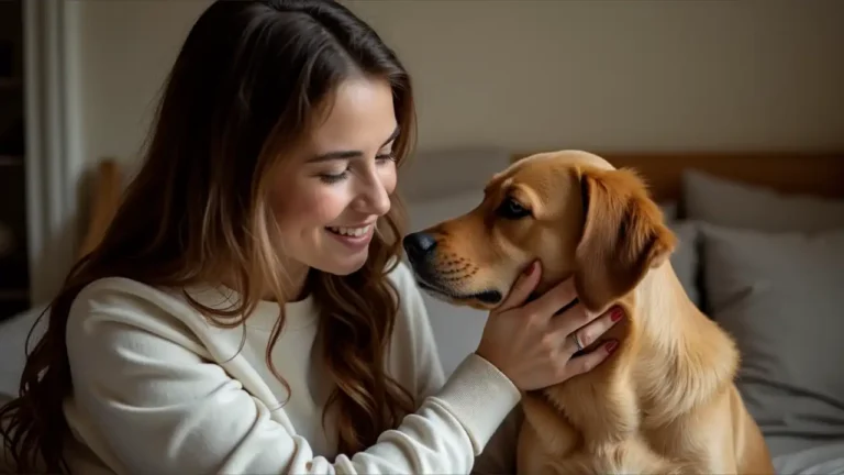 A tender moment between a person in a striped sweater cuddling their white Labrador dog, who gazes at the camera with one eye visible.