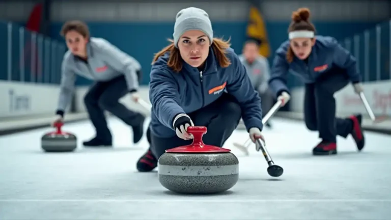 A curling stone sliding across ice with sweepers guiding its path during a competitive match, highlighting the precision and teamwork of this winter sport