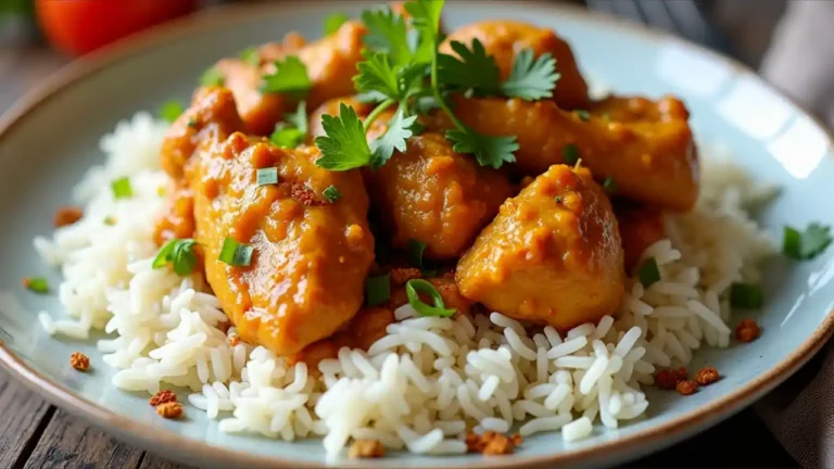 Plate of flavorful curried chicken with rice and herbs, celebrating National Curried Chicken Day