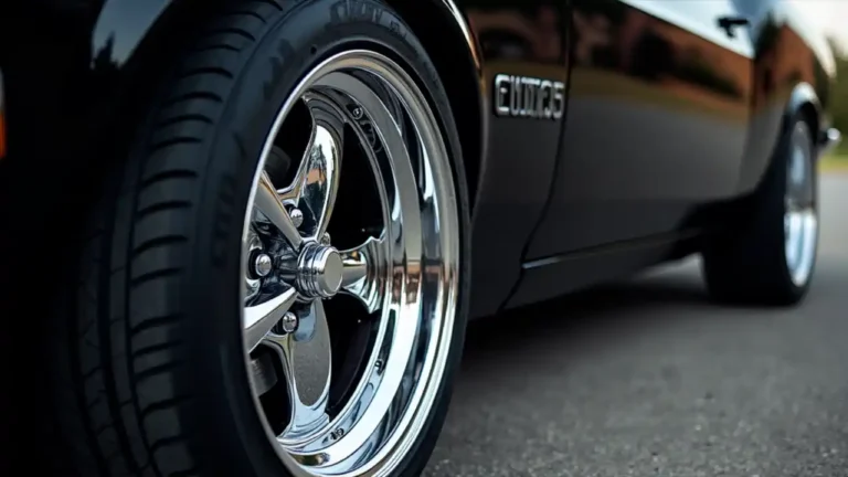 A close-up shot of custom chrome alloy wheels mounted on high-performance tires, showcasing intricate spoke designs and premium tire treads against a sleek automotive backdrop
