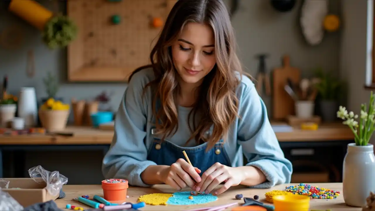 A person working on a colorful crafting project with various DIY tools and supplies spread across a wooden workbench, celebrating National DIY Day