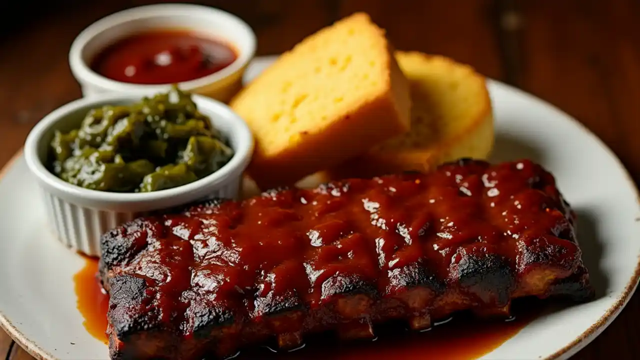 A steaming plate of Southern comfort food with BBQ ribs, cornbread, and collard greens, accompanied by a bottle of signature BBQ sauce, embodying the hearty, flavorful spirit of "dadgum good" cooking