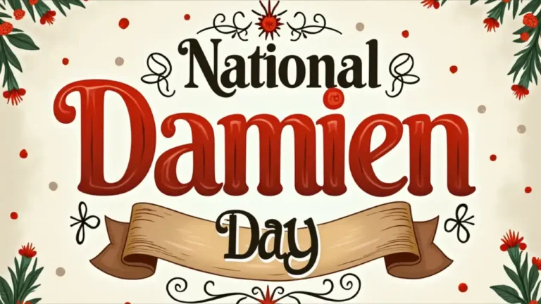 A decorative banner featuring the name "Damien" in elegant script, adorned with celebratory elements and a calendar date marking National Damien Day
