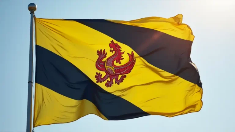 A traditional Bruneian flag waving against a blue sky during the National Day celebration, showcasing the nation's yellow and black colors with the national emblem