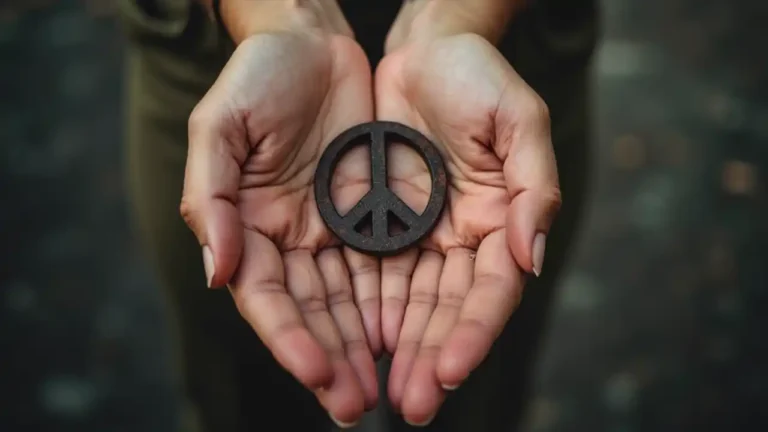 Hands holding a peace symbol promoting life, peace, and justice