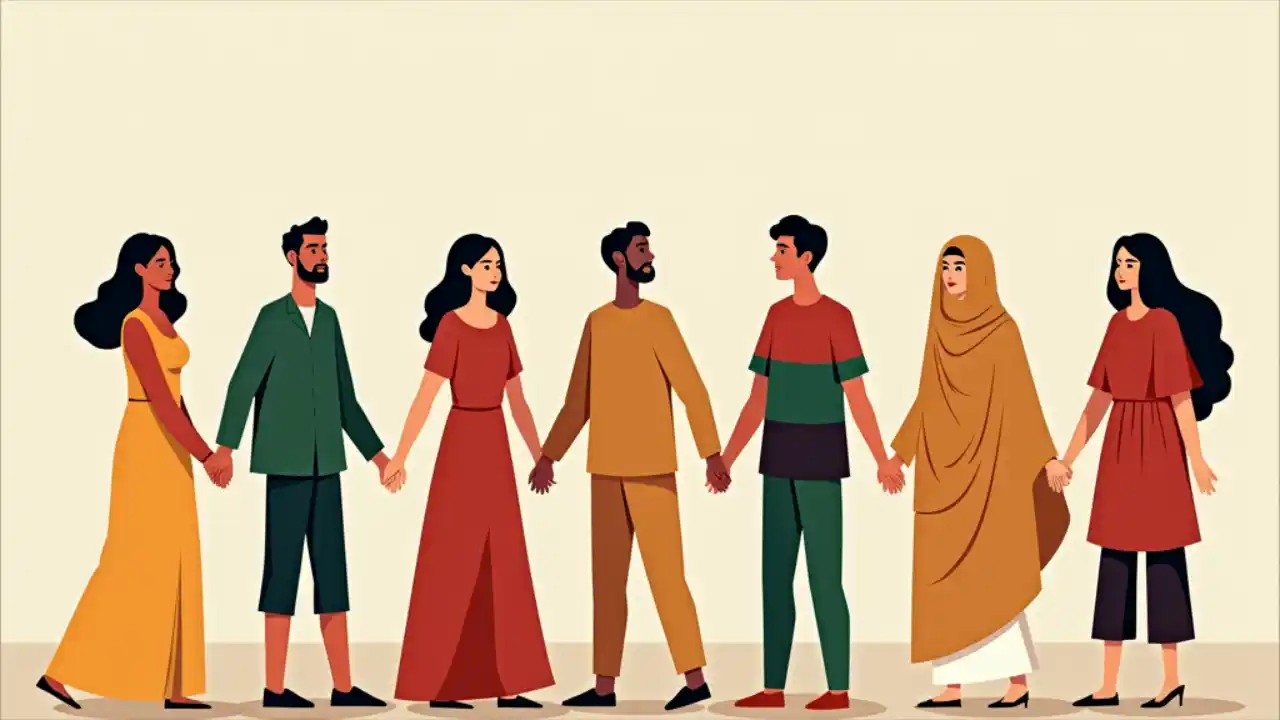 A diverse group of people from different cultures and backgrounds standing together, holding hands in unity against a backdrop of UAE national colors, symbolizing tolerance and peaceful coexistence