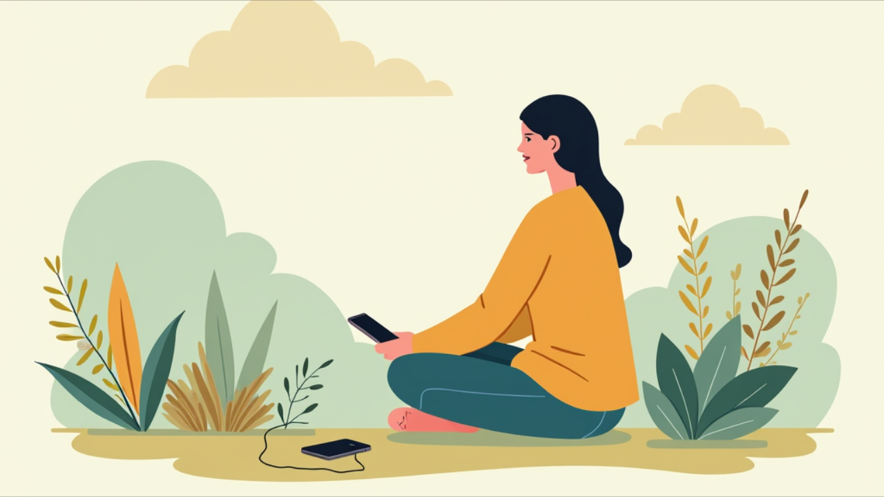 A person peacefully relaxing in nature, with their phone turned off beside them, symbolizing digital detox and mindful disconnection from technology.