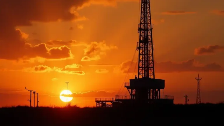 A vintage industrial derrick tower silhouetted against a sunset sky, symbolizing the historical significance of derricks in American industry and construction.