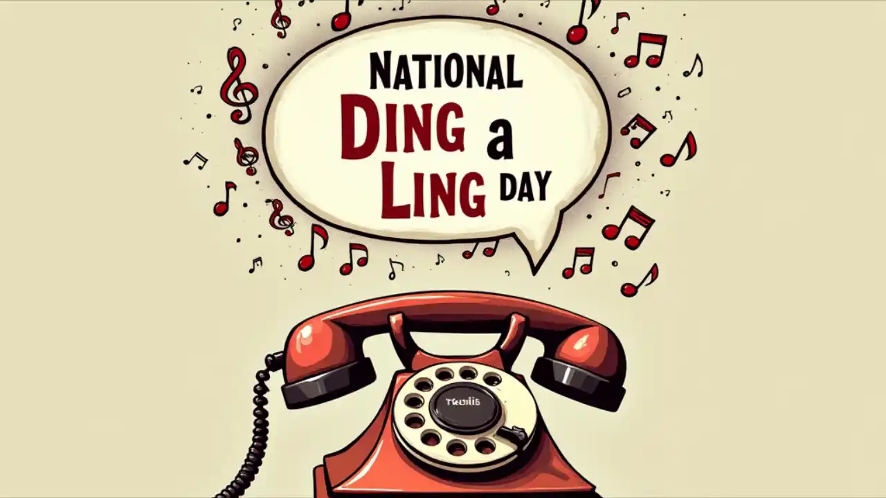 A vintage rotary telephone with a whimsical, cartoon-style speech bubble containing musical notes and playful doodles, symbolizing the quirky spirit of National Ding a Ling Day