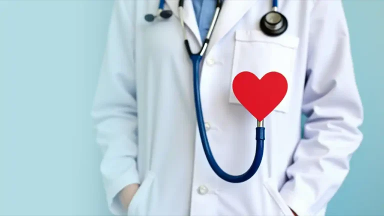 A stethoscope forming a heart shape with a white medical coat in the background, symbolizing care and dedication of medical professionals