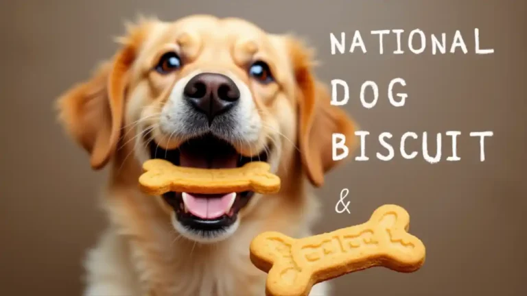 A bone-shaped dog biscuit with a happy dog in the background eagerly waiting for a treat