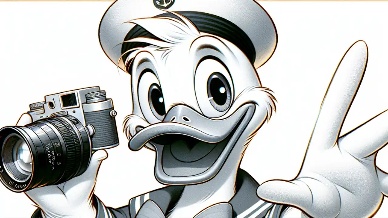 A cartoon illustration of a happy duck wearing a sailor hat and bow tie, celebrating National Donald Duck Day with a cheerful wave.