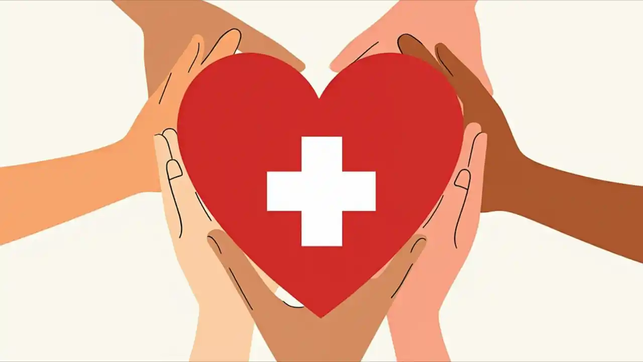 A red heart symbol with a medical cross inside, surrounded by diverse hands reaching towards it, symbolizing organ and tissue donation awareness