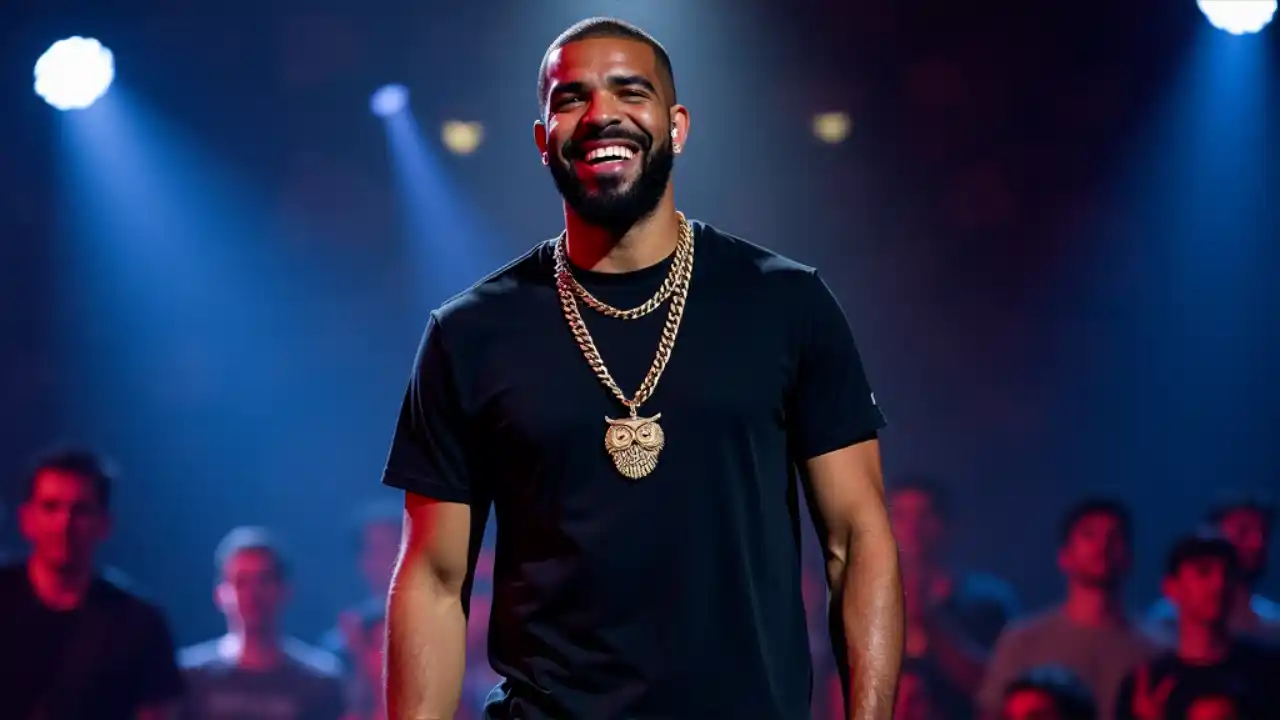 Drake performing on stage, wearing a signature OVO owl chain, with his iconic smile - the Canadian rapper who transformed from Degrassi actor to record-breaking hip-hop superstar