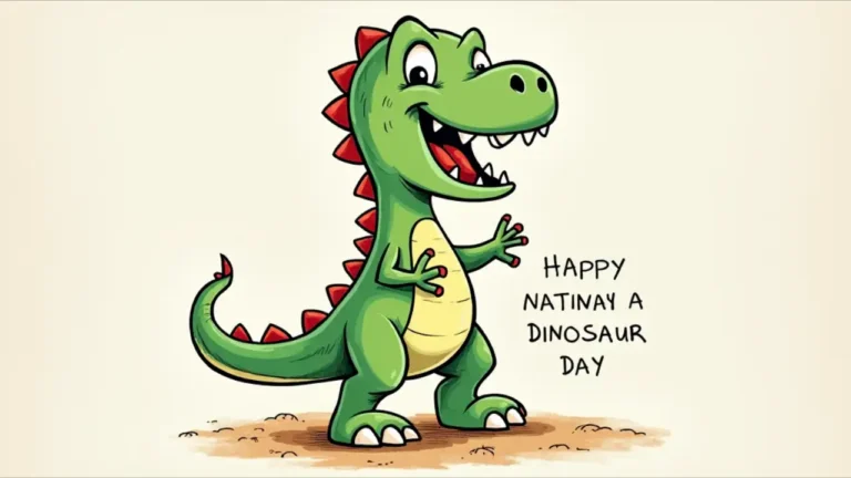 A whimsical hand-drawn sketch of a friendly T-Rex holding a colored pencil in its tiny arms, attempting to draw on a large piece of paper