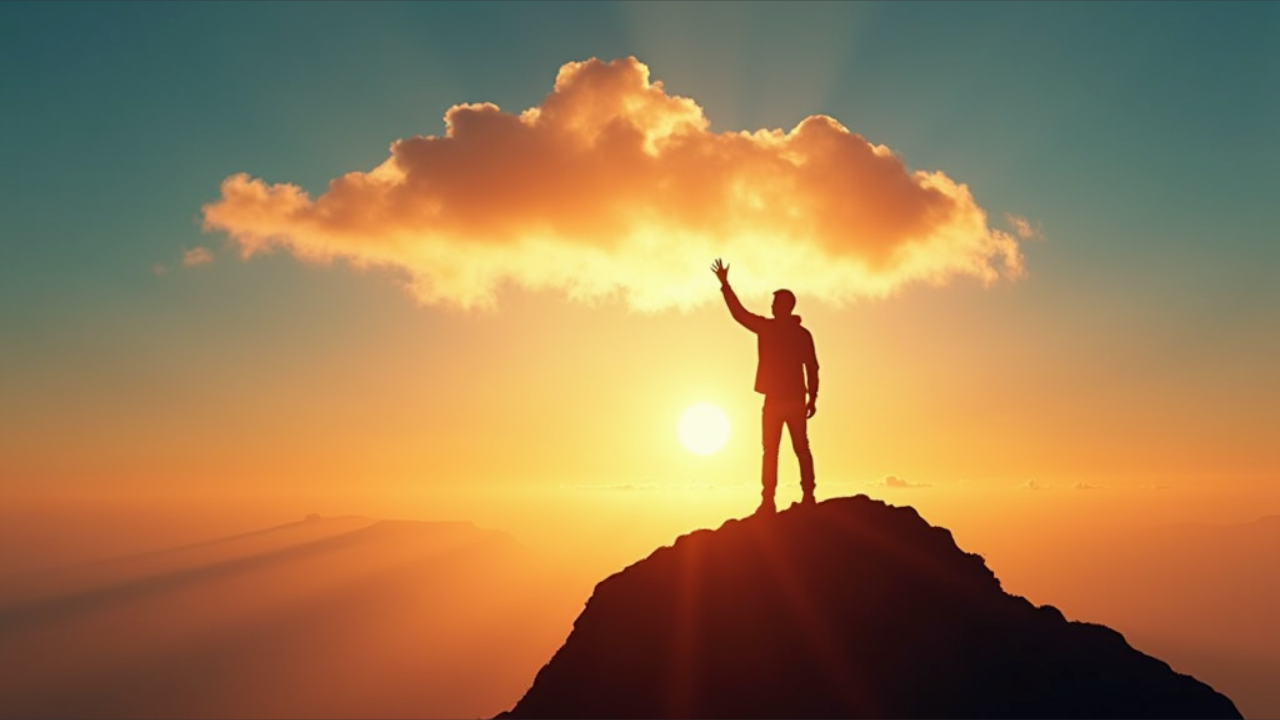 A person standing on a dreamy mountain peak at sunrise, reaching towards clouds shaped like aspirations - career, travel, and personal goals - symbolizing the spirit of National Dream Day celebrated on March 11