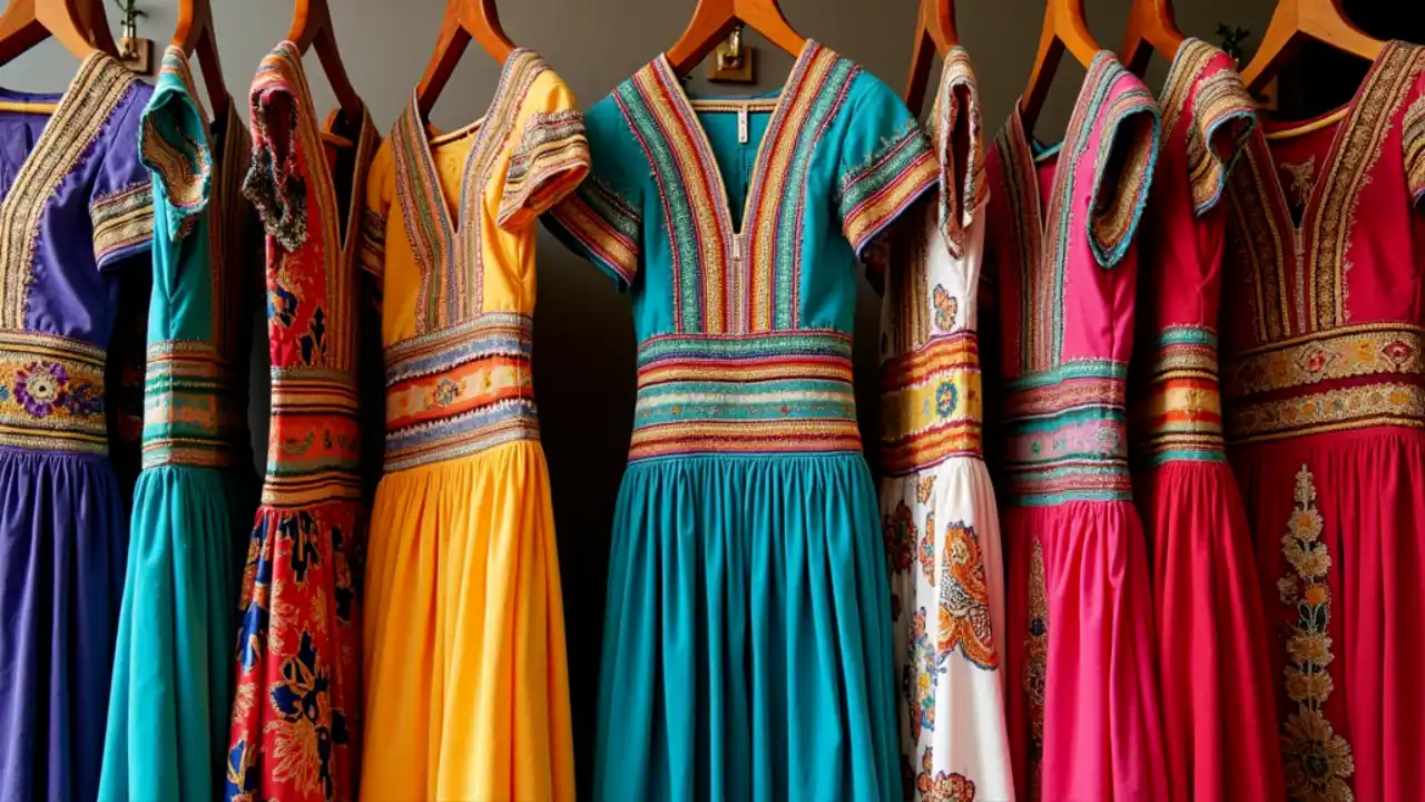 A vibrant display of traditional clothing from diverse cultures, featuring colorful ethnic dresses, saris, kimonos, and folk costumes arranged in a celebratory collage for National Dress Day