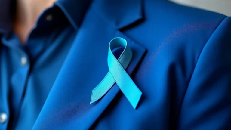 A person wearing a blue ribbon pin on their lapel to raise awareness for colorectal cancer screening and prevention
