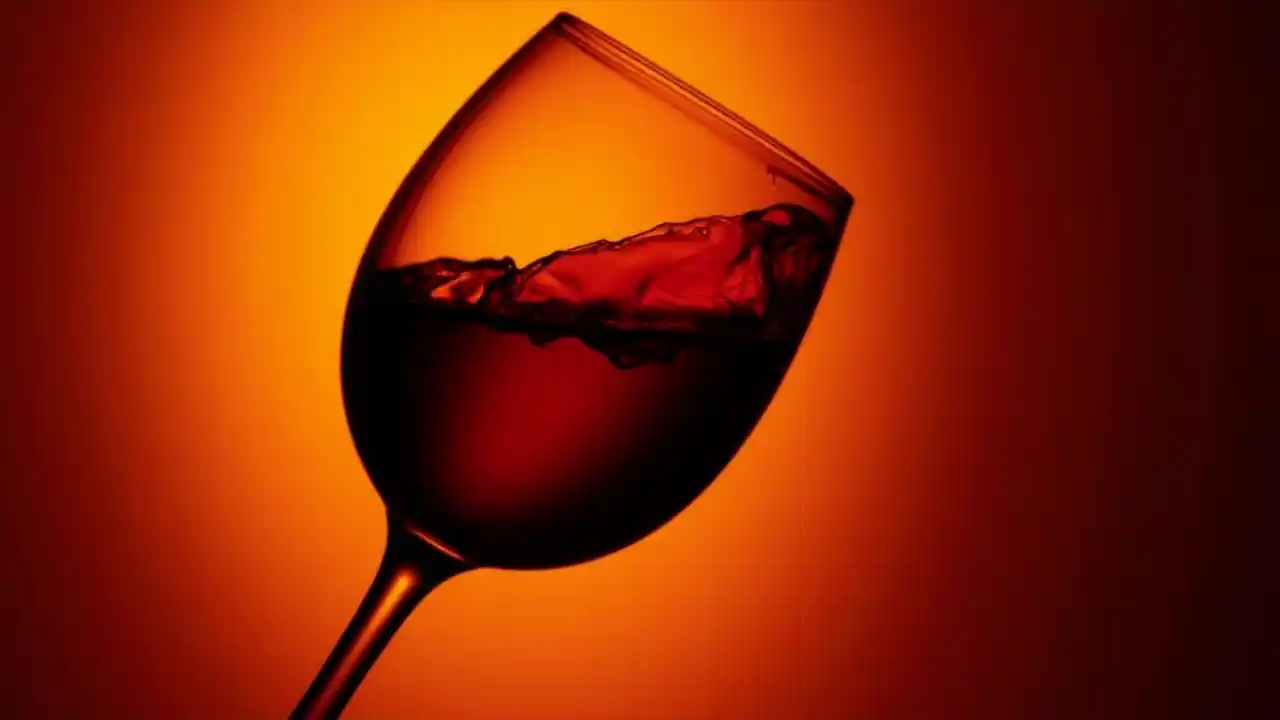 A glass of red wine being held up against a warm, backlit background, showcasing its rich burgundy color and elegant silhouette