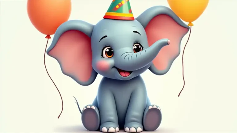 A cartoon elephant wearing a party hat and holding a balloon, celebrating National Ellie Day with a cheerful smile