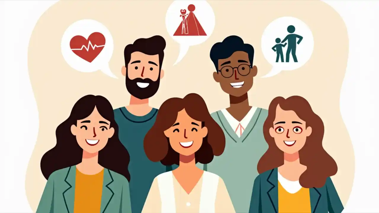 A diverse group of smiling employees standing together in an office setting, with icons representing various workplace benefits like healthcare, retirement plans, and work-life balance floating above them
