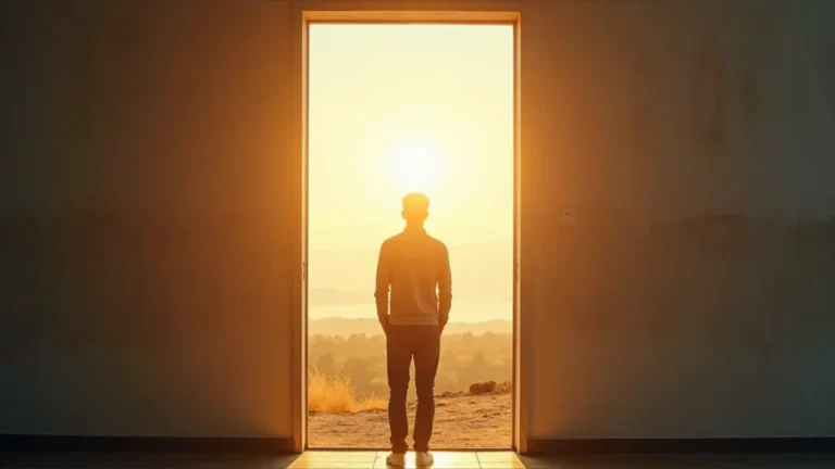 A person pushing open a door leading to a bright, sunlit outdoor scene, symbolizing freedom and breaking free from daily routines on National Escape Day.