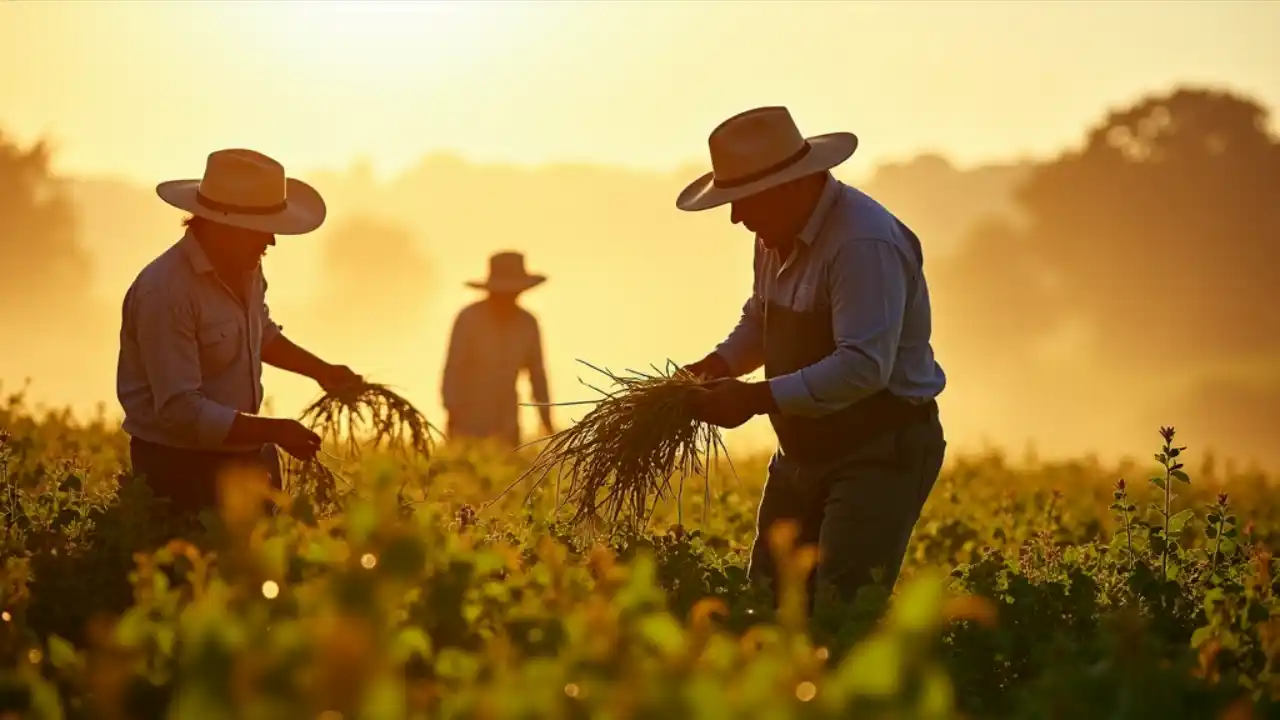 A diverse group of farm workers harvesting crops in a sunlit field, with their hands working the soil and gathering fresh produce, honoring their essential role in agriculture