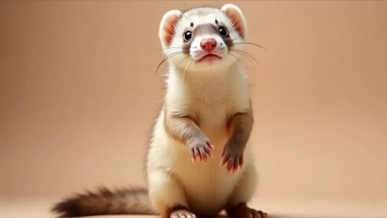 A playful ferret with a curious expression, standing on its hind legs against a white background, celebrating National Ferret Day