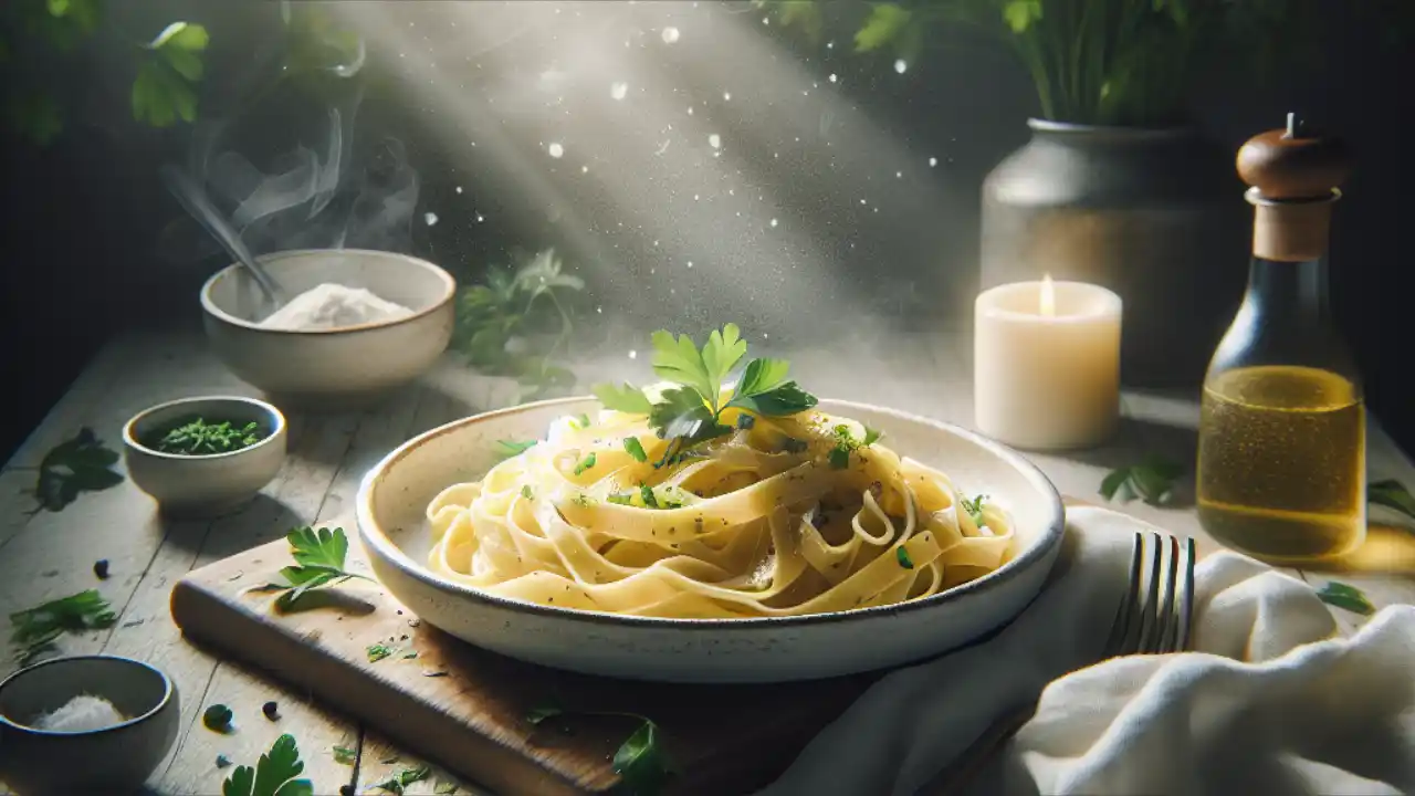 Delicious plate of creamy fettuccine Alfredo garnished with parsley