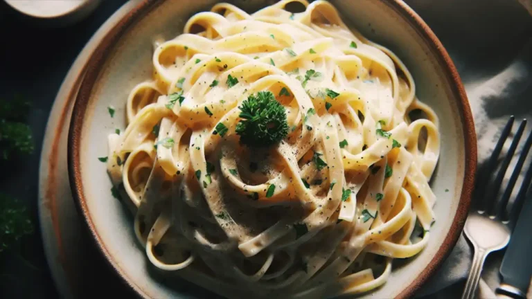 Plate of creamy Fettuccine Alfredo garnished with parsley, celebrating National Fettuccine Alfredo Day