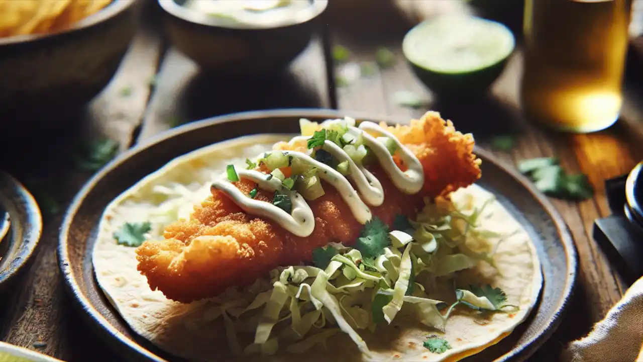 A colorful fish taco on a rustic plate, featuring crispy battered fish, shredded cabbage, fresh cilantro, and creamy sauce, garnished with lime wedges and served on a warm corn tortilla