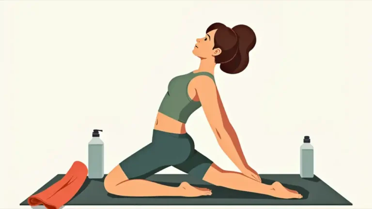 A person stretching on a yoga mat with a water bottle and towel nearby, symbolizing rest and recovery after exercise