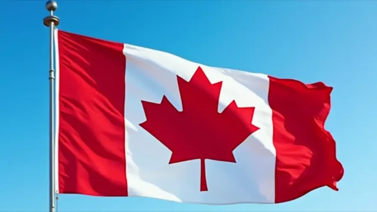 A red and white Canadian flag with its iconic maple leaf symbol waving proudly against a blue sky background