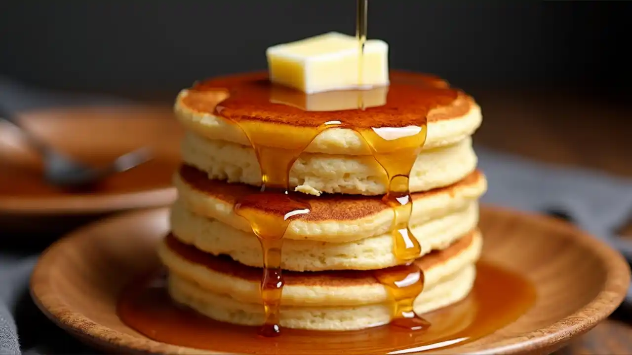 A stack of golden-brown flapjacks drizzled with maple syrup and topped with a melting pat of butter on a rustic wooden plate