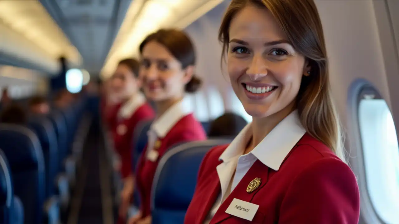 Flight attendants smiling and assisting passengers onboard an airplane