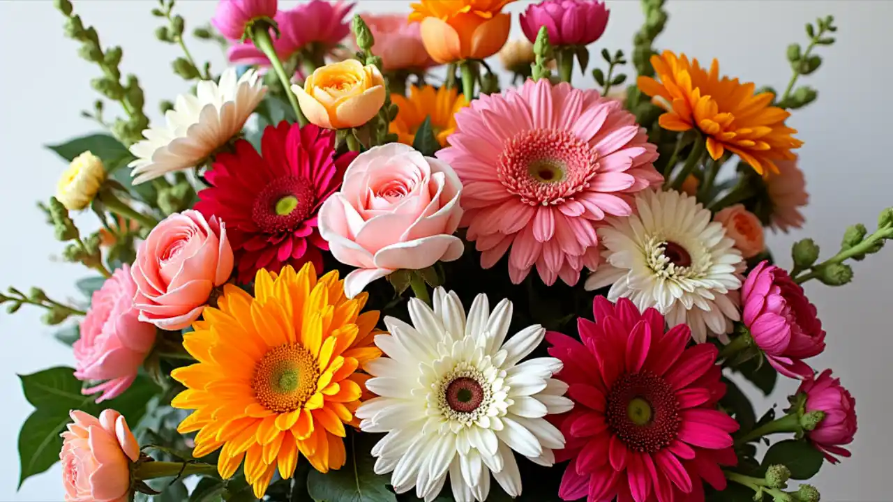 A vibrant floral arrangement showcasing colorful blooms and artistic design techniques, celebrating National Floral Design Day