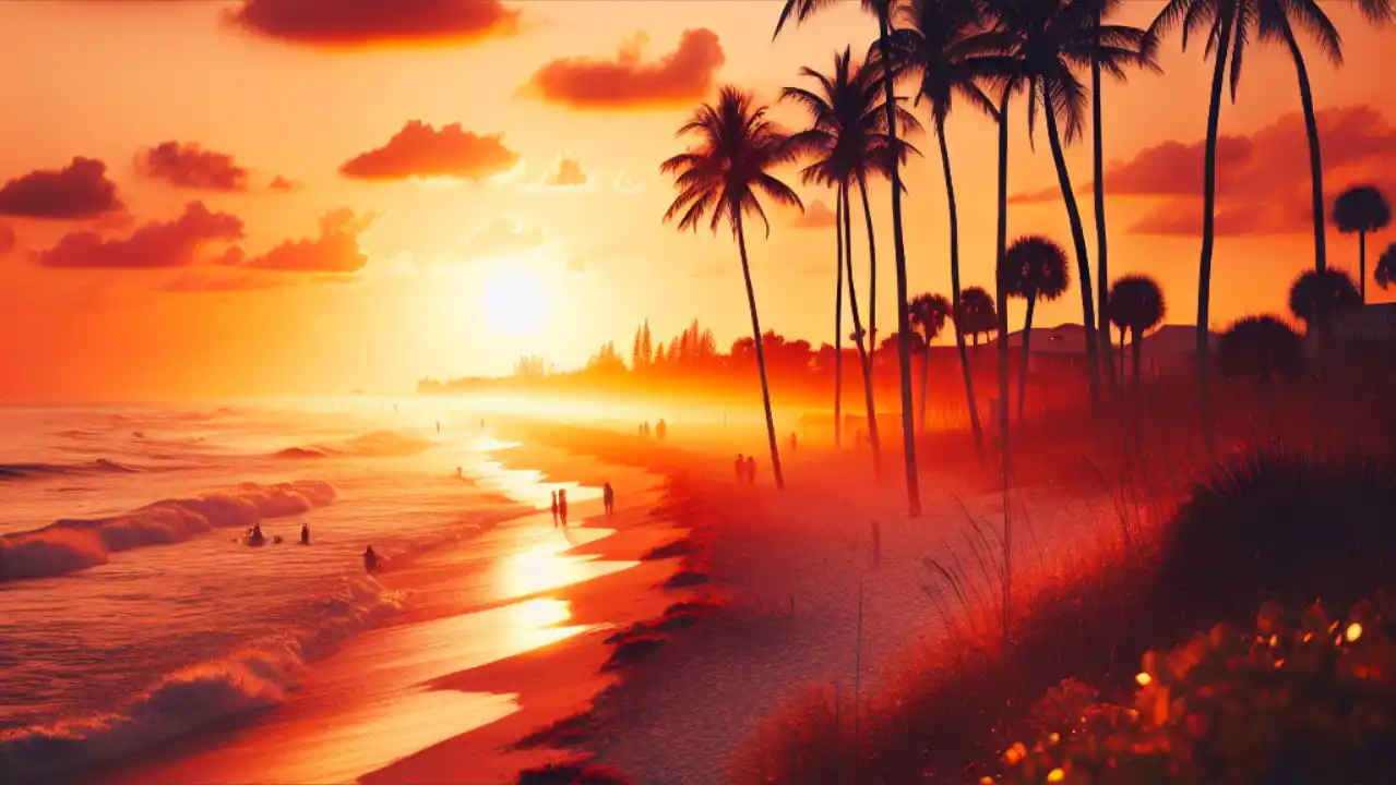 A scenic Florida beach at sunset with palm trees silhouetted against an orange sky, featuring the state's iconic coastline and natural beauty