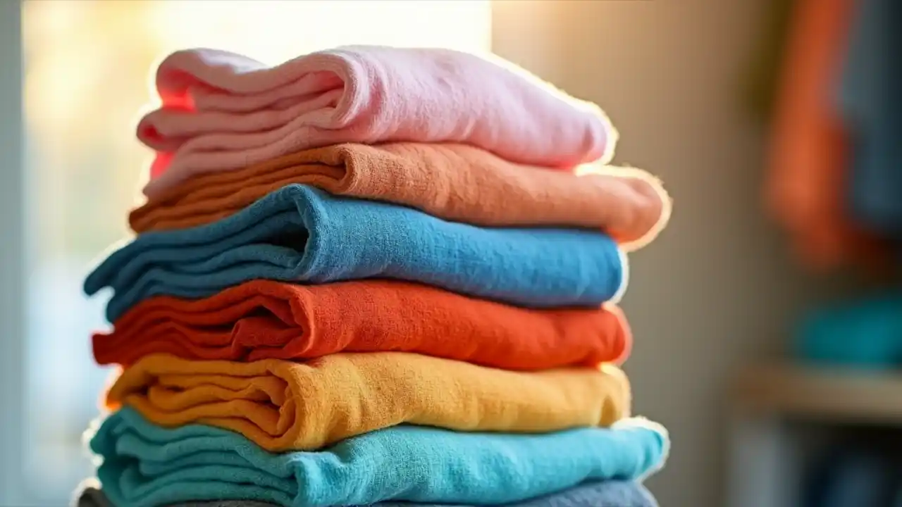 A neatly folded stack of clean, colorful laundry with a warm, inviting glow, symbolizing the satisfaction of completing household chores