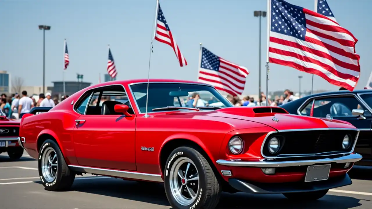 A vintage Ford Mustang displayed at a car show, with the iconic Ford logo prominently featured against a backdrop of American flags, celebrating National Ford Day