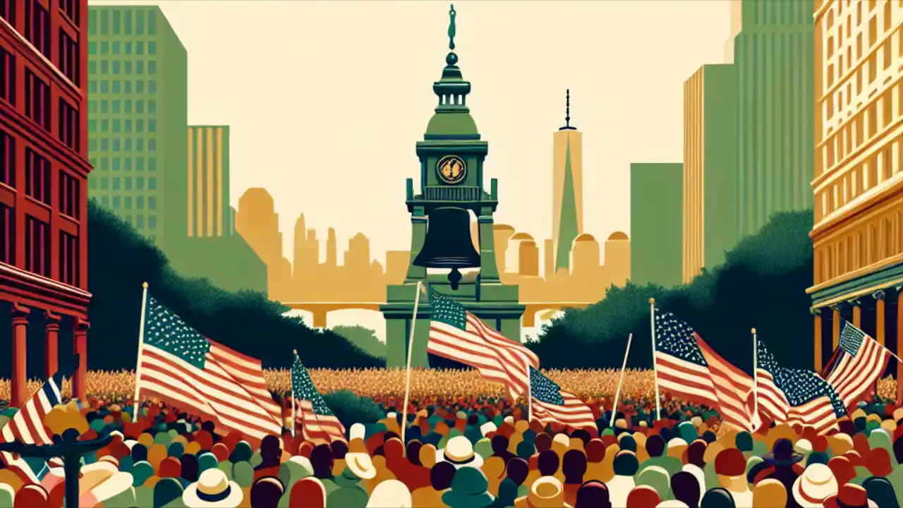 A group of diverse Americans standing together, holding American flags and celebrating National Freedom Day, with the Liberty Bell silhouetted in the background against a vibrant sky