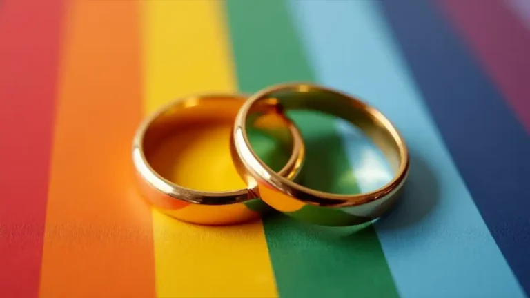 A pair of gold wedding rings intertwined on a rainbow-colored background, symbolizing marriage equality and love for all.