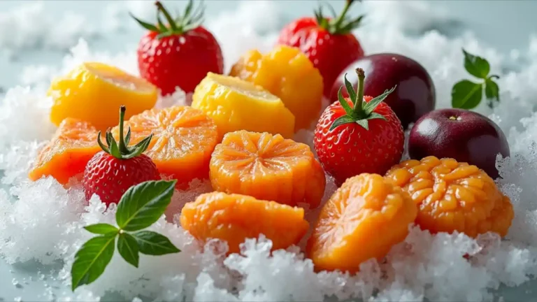 A colorful array of frozen vegetables, fruits, and prepared meals arranged neatly on a frosty background, showcasing the convenience and variety of frozen foods