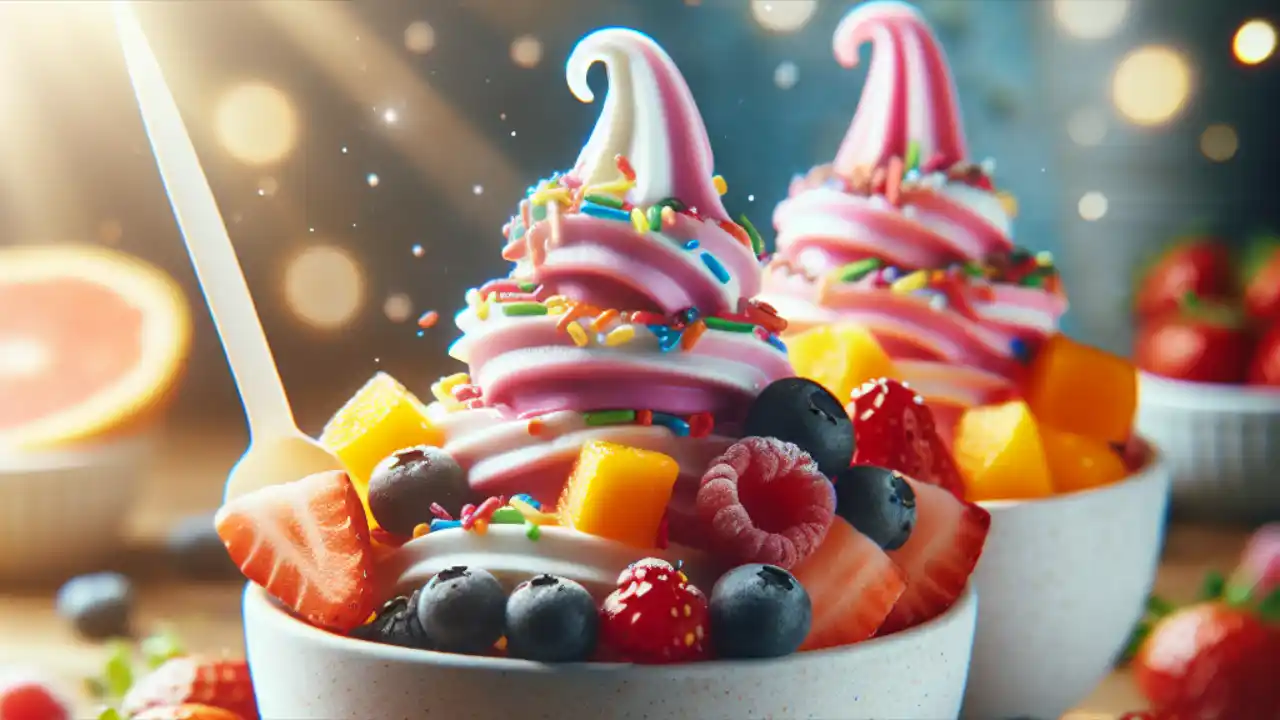 Colorful frozen yogurt cups topped with fresh fruits and sprinkles, celebrating National Frozen Yogurt Day