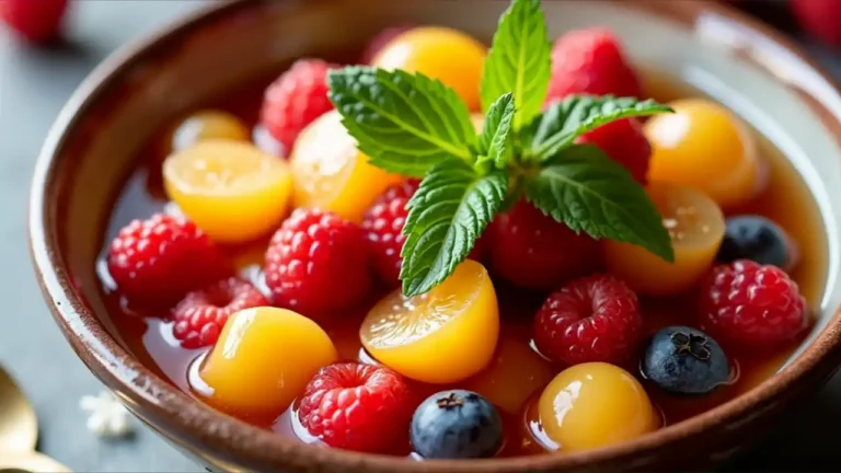 A colorful bowl of mixed fruit compote featuring simmered seasonal fruits in syrup, garnished with fresh mint, showcasing a traditional dessert perfect for National Fruit Compote Day