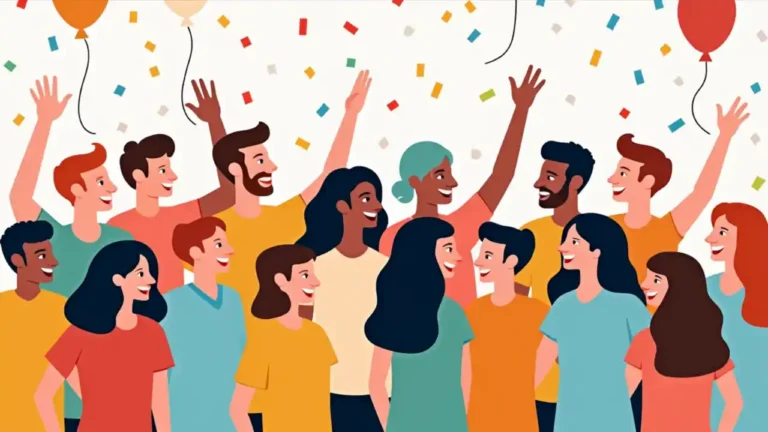 A colorful crowd of diverse people celebrating with confetti, balloons, and party streamers against a bright background, capturing the joyful spirit of National Fun Day