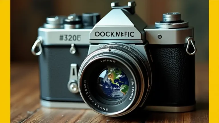 A vintage camera capturing Earth's natural wonders against a yellow rectangular frame, iconic of National Geographic's signature style