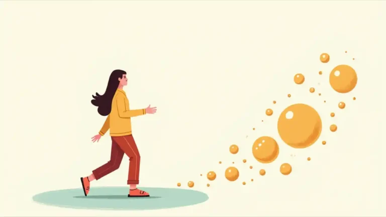 A person confidently walking forward, leaving behind a trail of floating worry bubbles containing common frustrations like broken hearts, traffic signs, and rain clouds