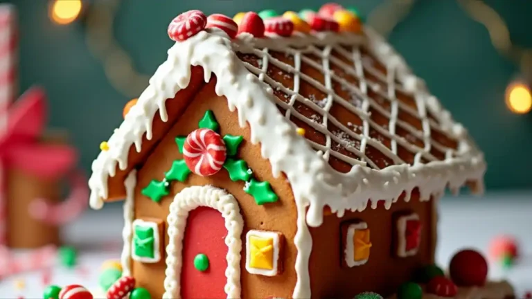 Decorative gingerbread house with colorful icing and candy accents, celebrating National Gingerbread House Day